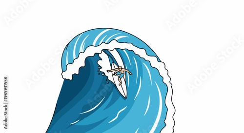 A surfer rides a large blue wave with white crests, isolated on white