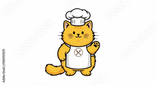 Cute cartoon ginger cat chef in a white toque and apron, waving hello