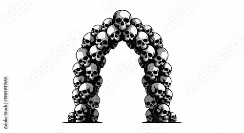 An arched gateway formed from a dense accumulation of human skulls, rendered in monochrome pixel art