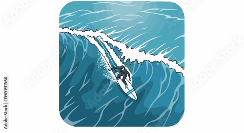 A person surfs down the face of a large, blue ocean wave