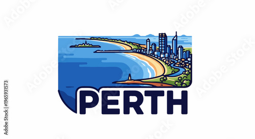 Coastal cityscape with ocean, beach, city skyline, and parkland