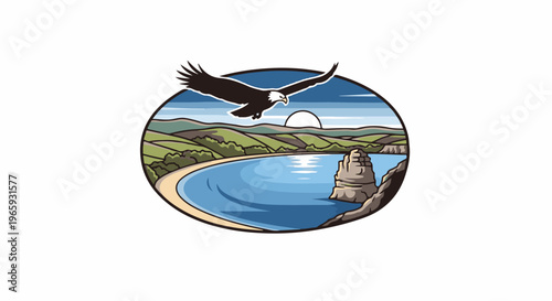 Majestic eagle soars over a serene coastal landscape with rolling hills and a rocky sea stack