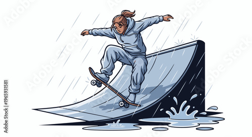 A person in a tracksuit skateboards down a ramp in the rain