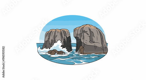 Illustration of two large, craggy sea stacks battered by crashing waves under a blue sky