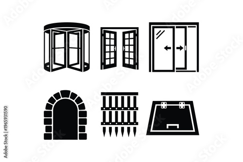 Door Types and Entryways Icons Set Vector - black white window door and vent icon collection
