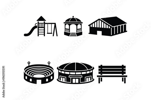 Public Park Facilities Icons Set Vector Illustration - Playground Gazebo Pavilion Stadium Building Symbols Collection