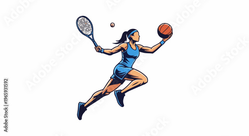 Athletic woman in mid-air, holding a basketball, poised to swing a tennis racket