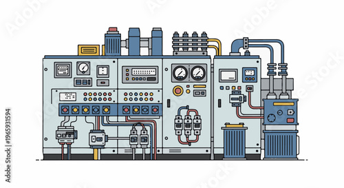 A complex industrial control panel with gauges, buttons, and wiring