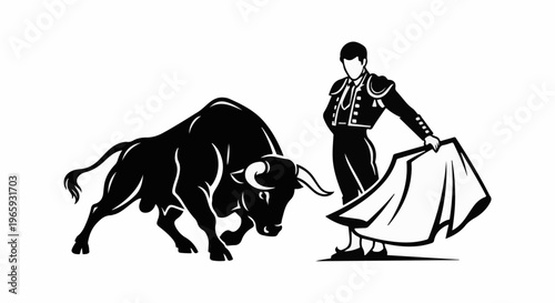 A bullfighter in traditional attire faces a charging bull, holding a cape