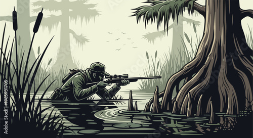A hunter crouches in shallow swamp water, aiming a rifle through dense reeds and trees