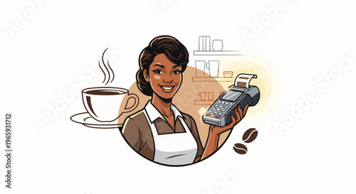 Smiling barista offers coffee payment with a card machine, steam rising from cup