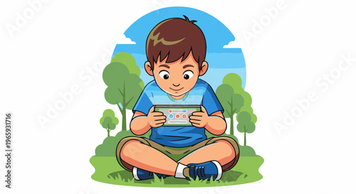 Young boy sitting cross-legged outdoors, engrossed in a mobile game amidst greenery