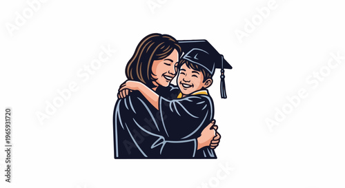 A woman hugs a child in graduation attire, both smiling joyfully