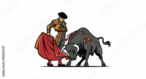 A matador in ornate attire confronts a charging bull with darts in its back