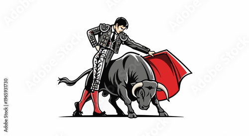 A matador confronts a charging bull, red cape held out
