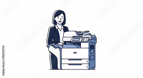 Woman in business attire standing next to a blue and white office copier