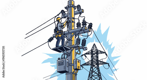 Worker climbs utility pole, inspecting wires and equipment with transformer nearby