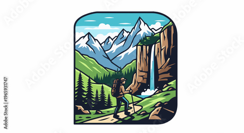 Hiker explores a mountainous landscape with a tall waterfall cascading down cliffs