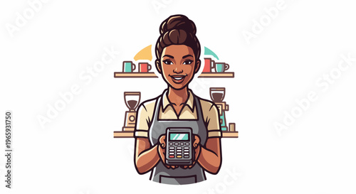 Friendly barista offers a payment device with coffee equipment and cups in background