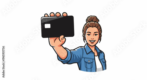 Woman in denim jacket holding black credit card with white chip