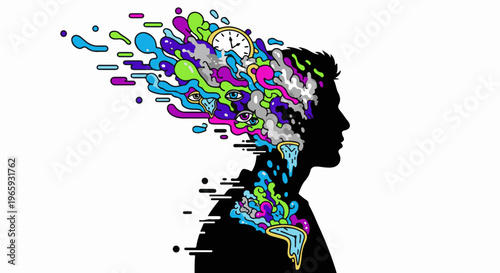 Silhouette profile of a person with a colorful, chaotic explosion of abstract shapes and eyes erupting from their head