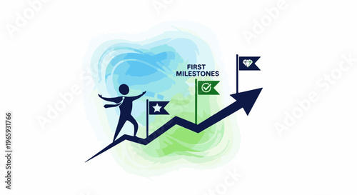 Silhouetted figure running towards success, marked by flags and an upward arrow