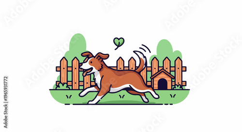 A happy dog runs in a fenced yard with a doghouse and a heart-shaped leaf