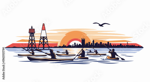 Kayakers paddle on calm water with a city skyline and lighthouse at sunset