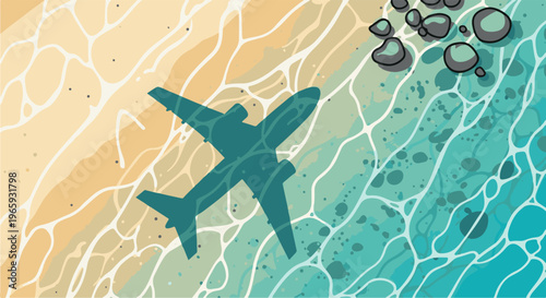 Aerial view of a silhouette airplane flying over abstract ocean waves and sand