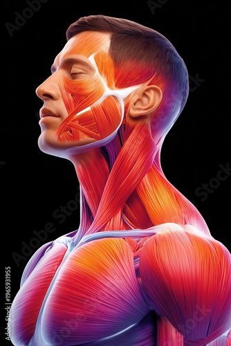 Human face and neck muscle anatomy illustration showing detailed musculature in profile view