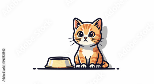 A cute, stylized orange tabby kitten with wide, innocent eyes sits next to an empty food bowl, looking hopeful
