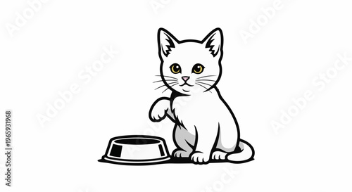 A cute white cartoon cat sits beside a food bowl, raising one paw playfully