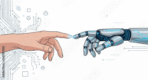 Human and robotic fingers touch, symbolizing technology and connection
