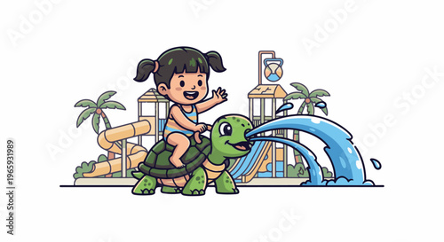 A cheerful child rides a turtle through water slides and palm trees at a playful water park