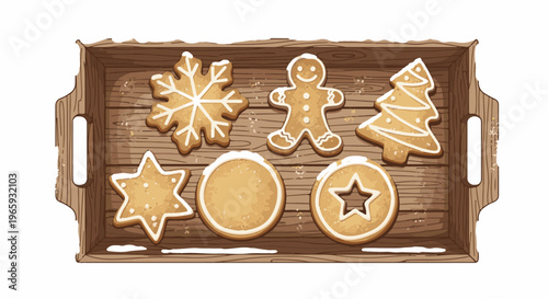 Festive gingerbread cookies arranged on a rustic wooden tray