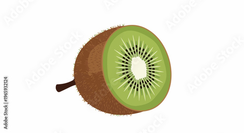 A whole and a halved kiwi fruit, showing the textured brown skin and vibrant green interior with black seeds