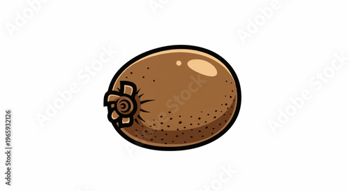 Cartoonish illustration of a single kiwi fruit with fuzzy brown skin and black seeds