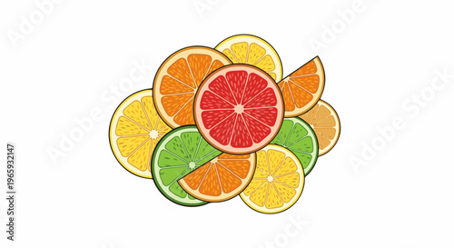 Vibrant assortment of citrus fruit slices, including oranges, lemons, limes, and grapefruit