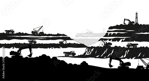 Silhouette of an Open-Pit Mine with Heavy Machinery.