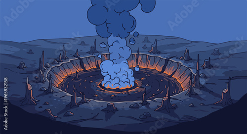 Pixelated scene depicts a crater with molten lava and rising smoke, surrounded by dead trees