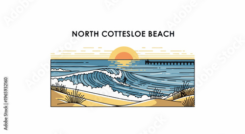 A surfer rides a large wave at sunset with a pier in the distance and text above