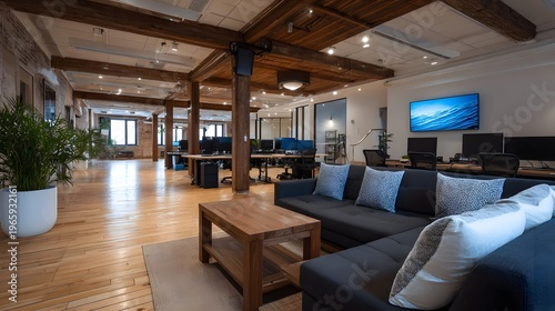 Spacious modern office interior with exposed beams desks and a comfortable lounge area with a sofa