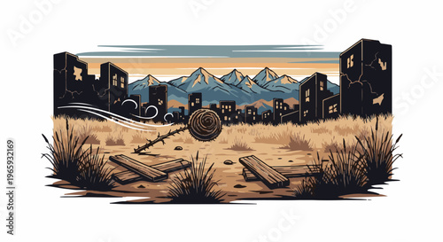 Ruined city skyline with cracked buildings against mountains and a dry, thorny landscape