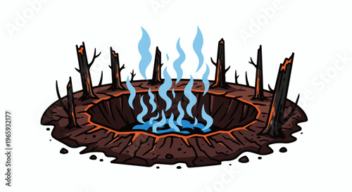 A desolate, burnt landscape with a central glowing crater emitting steam