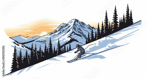 A lone skier descends a snow-covered mountain slope under a vibrant sunset, surrounded by evergreen trees