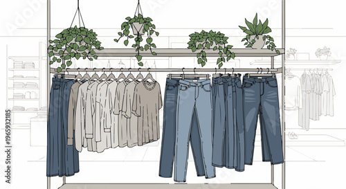 A clothing rack displays an assortment of denim jeans and light-colored tops in a retail setting