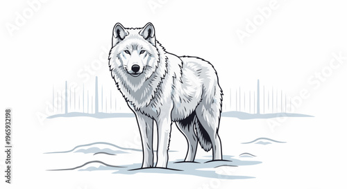 A detailed illustration of a white wolf standing in a snowy landscape