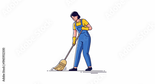 Person in blue overalls and yellow shirt sweeping with a broom