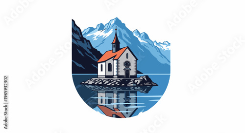 A serene, isolated chapel with a red roof stands on a rocky island in a calm lake, reflecting against majestic snow-capped mountains