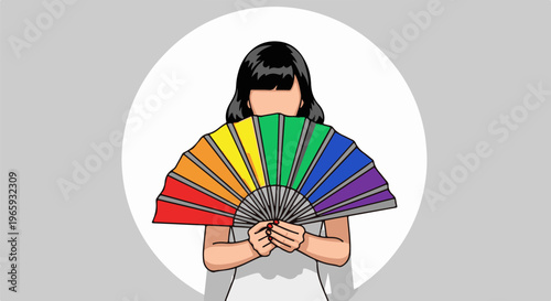 Person holding a rainbow-colored folding fan, partially obscuring their face